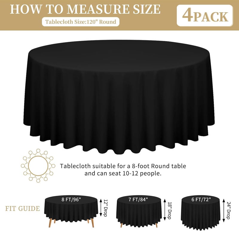 FXKS 4 Pack Black Round Tablecloth 120 inch Circle Polyester Table Cloth, Washable Fabric Stain and Wrinkle Resistant Table Cover Round Table Clothes for Wedding Parties Banquet Reception Gift Table - Image 3
