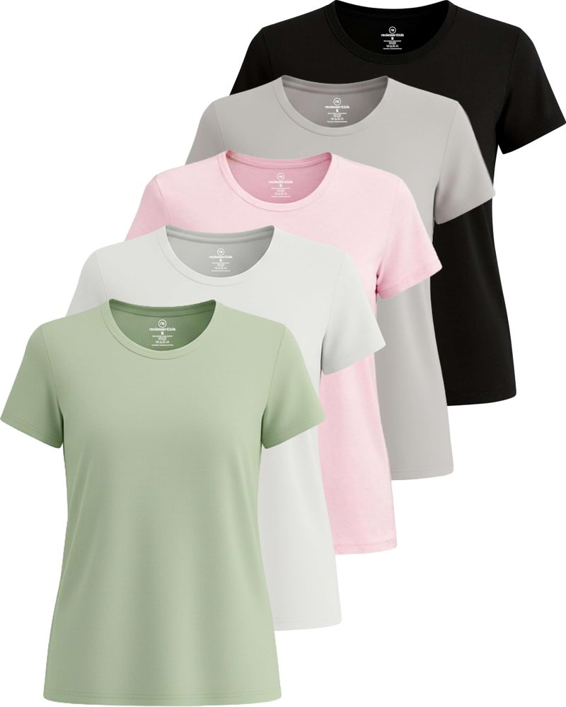 REALESSENTIALS Real Essentials 5 Pack: Women's Short Sleeve T-Shirts Workout Tops Fitness Pilates Gym Activewear Athletic (Plus Available), Set 9, L, Pack of 5 - Image 1