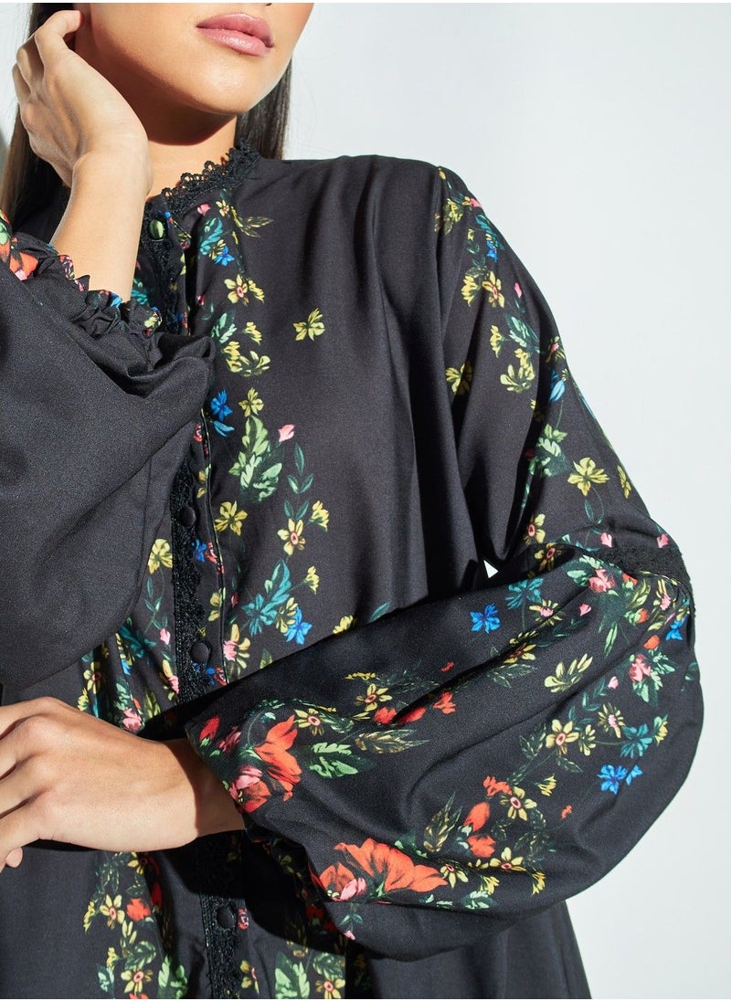 2Xtremz - 2Xtremz Floral Print Dress with Mandarin Neck and Bell Sleeves - Image 1