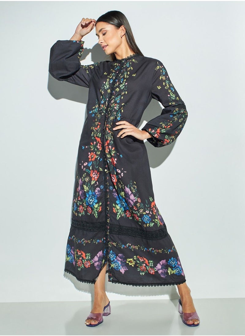 2Xtremz - 2Xtremz Floral Print Dress with Mandarin Neck and Bell Sleeves - Image 1