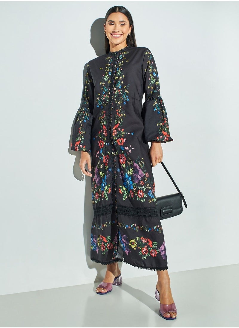 2Xtremz - 2Xtremz Floral Print Dress with Mandarin Neck and Bell Sleeves - Image 1
