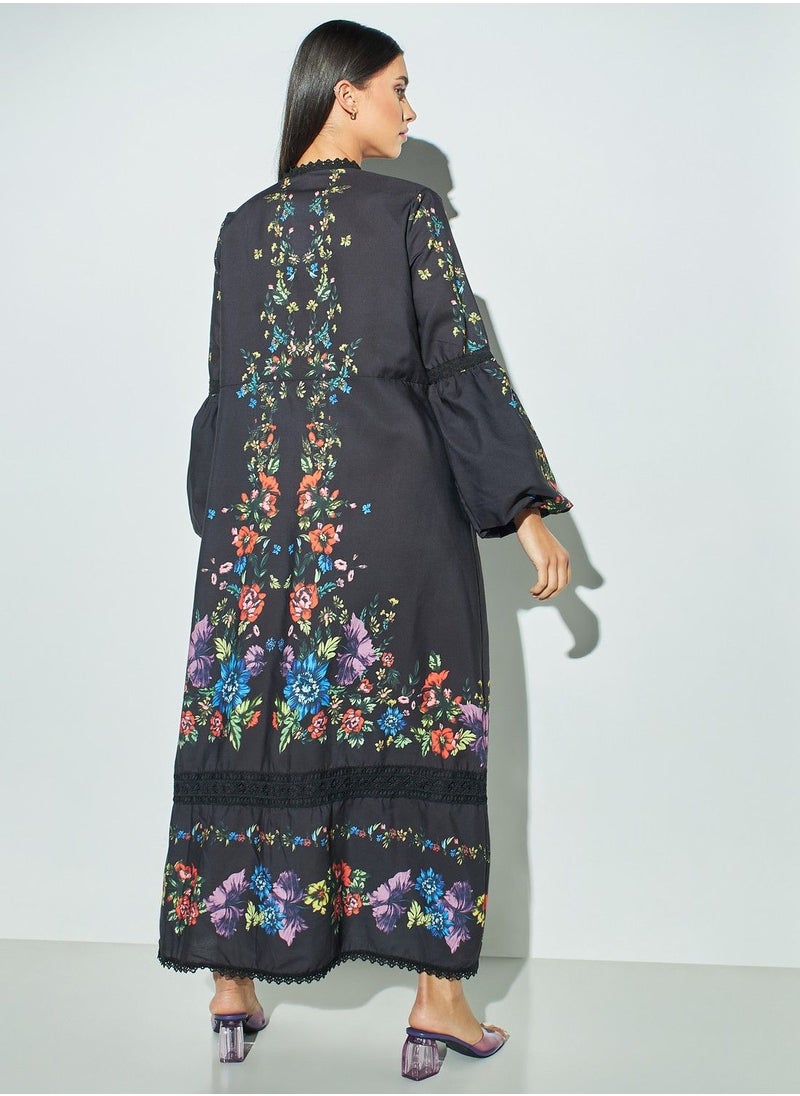 2Xtremz - 2Xtremz Floral Print Dress with Mandarin Neck and Bell Sleeves - Image 1
