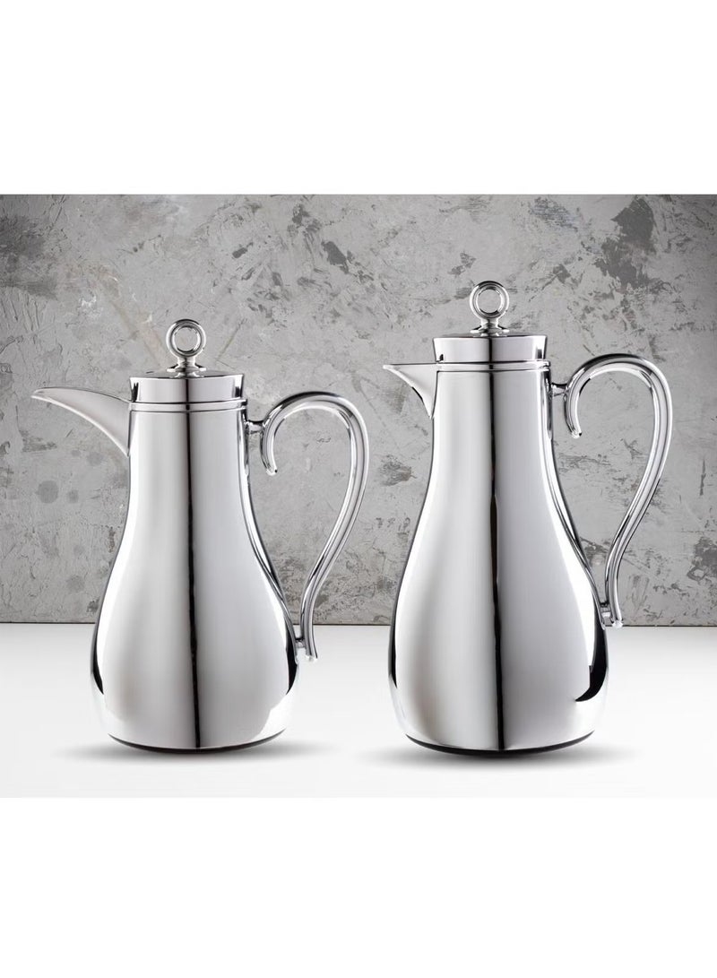 Two-piece shiny silver thermos set for tea and coffee, elegant design, made entirely of stainless steel.