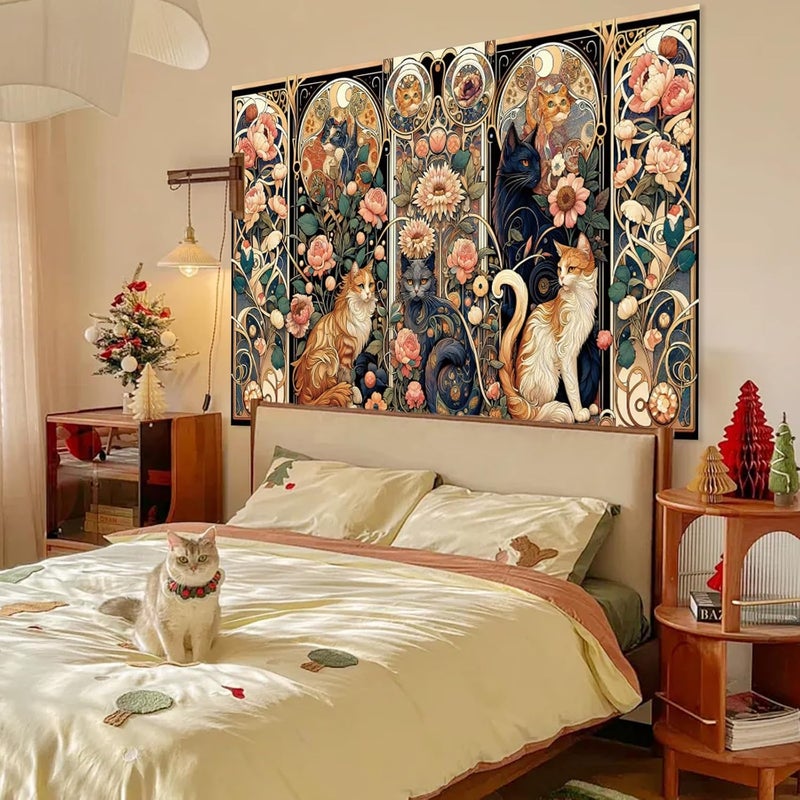Apdidl Field tested quality Boho Floral Cute Wall Tapestry for Bedroom, Vintage Flower Cat Wall Hanging, Bohemian Style Orange and Black Cats Funny Tapestries, Animal Painting Art Poster for Girls Room Dorm Beach Decor Strong durable raw material - Image 3