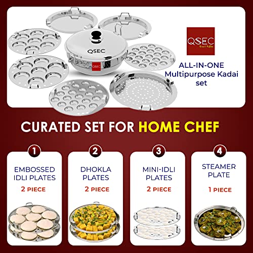 QSEC Stainless Steel Triple 3-layer bottom Multi Kadai Idli maker 28cm with 7 plate - Induction Base Idli Maker Multi Kadai Idli Steamer Idli Cooker momo steamer | 2 Mini Idli | 2 Idli | 2 Dhokla | 1 Momo steamer plate - Image 3