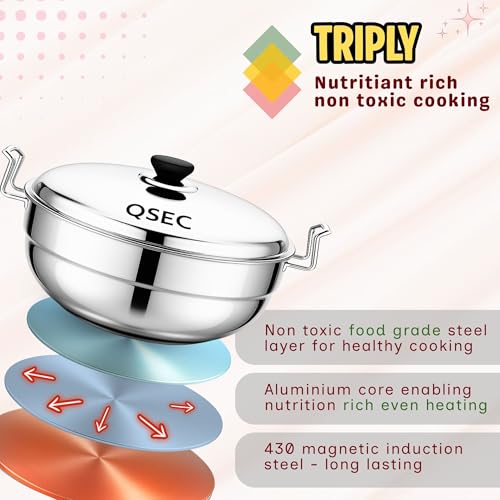 QSEC Stainless Steel Triple 3-layer bottom Multi Kadai Idli maker 28cm with 7 plate - Induction Base Idli Maker Multi Kadai Idli Steamer Idli Cooker momo steamer | 2 Mini Idli | 2 Idli | 2 Dhokla | 1 Momo steamer plate - Image 5