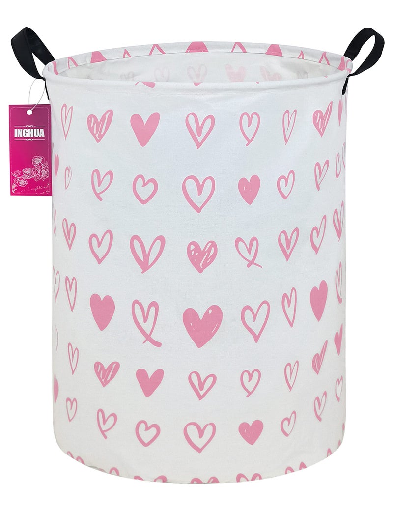 INGHUA Laundry Hamper Large Canvas Fabric Lightweight Storage BasketToy OrganizerDirty Clothes Collapsible Waterproof for College Dorms Boys and Girls BedroomBathroomPink hearts
