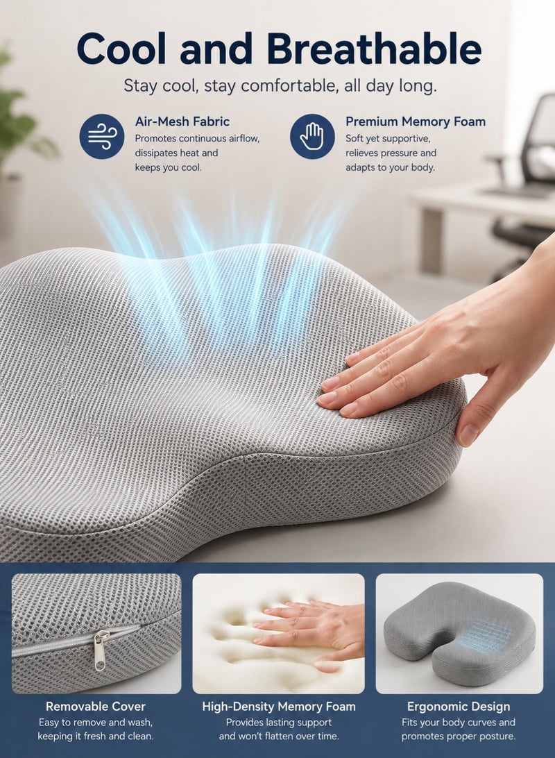 SKT Shiketro Seat Cushion Memory Foam- Tailbone Pain Relief, Driving Seat Cushion - Office, Wheelchair, Gaming Chair, Travel - Non-Slip, Washable Cover（Grey） - Image 4