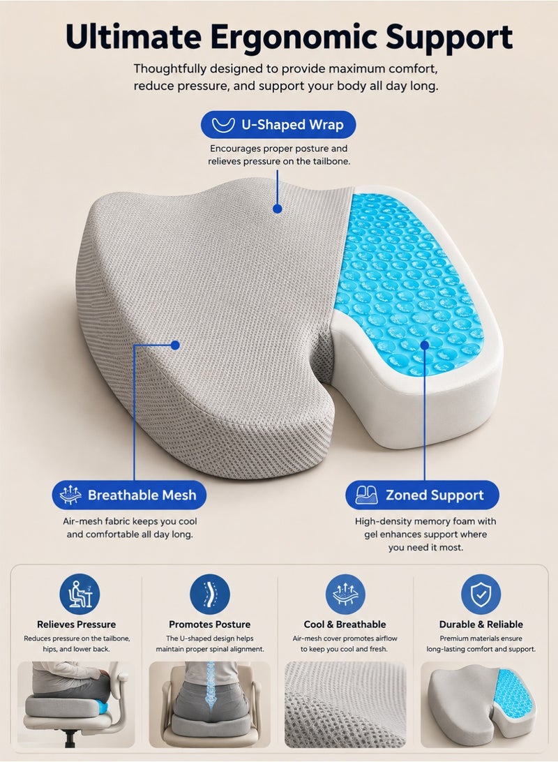 SKT Shiketro Seat Cushion Memory Foam- Tailbone Pain Relief, Driving Seat Cushion - Office, Wheelchair, Gaming Chair, Travel - Non-Slip, Washable Cover（Grey） - Image 5