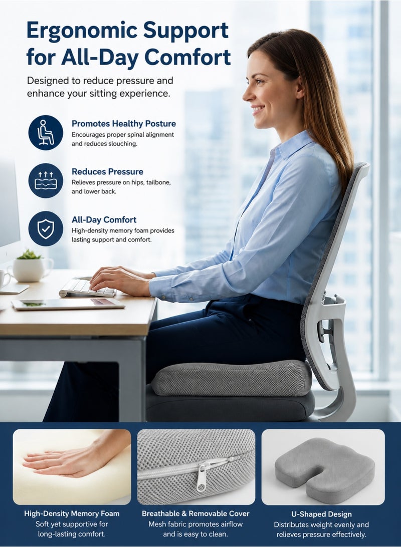SKT Shiketro Seat Cushion Memory Foam- Tailbone Pain Relief, Driving Seat Cushion - Office, Wheelchair, Gaming Chair, Travel - Non-Slip, Washable Cover（Grey） - Image 3