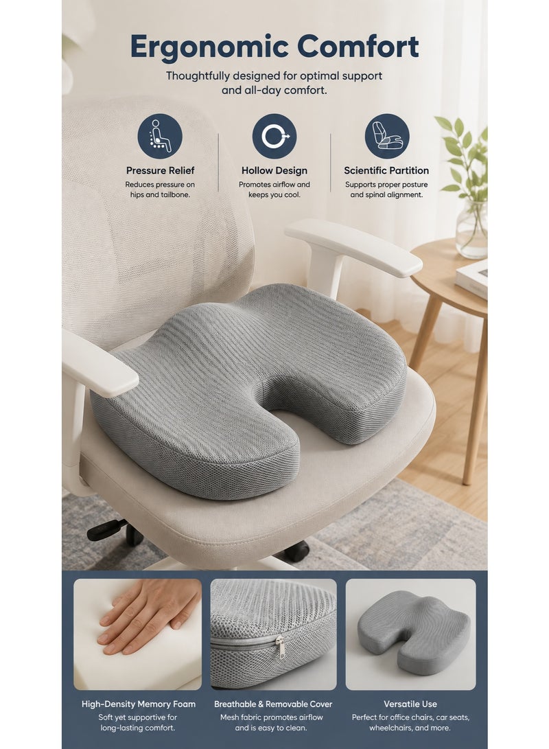 SKT Shiketro Seat Cushion Memory Foam- Tailbone Pain Relief, Driving Seat Cushion - Office, Wheelchair, Gaming Chair, Travel - Non-Slip, Washable Cover（Grey） - Image 1