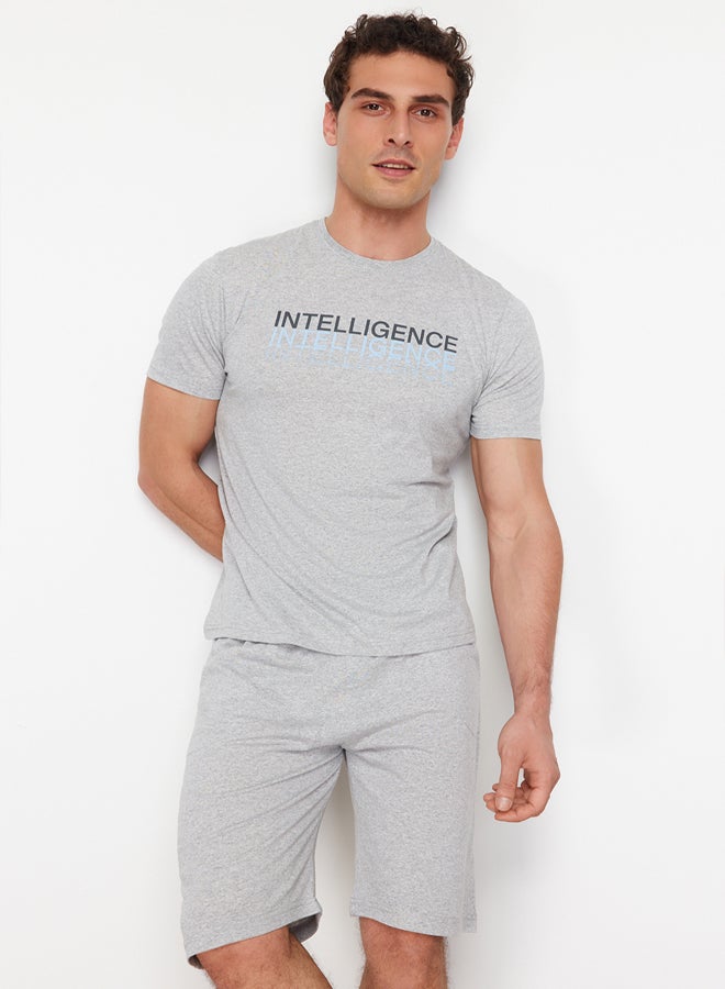 trendyol Gray Regular Fit Crew Neck Knitted Shorts Pajamas Set TMNSS24PT00046  - Image 3