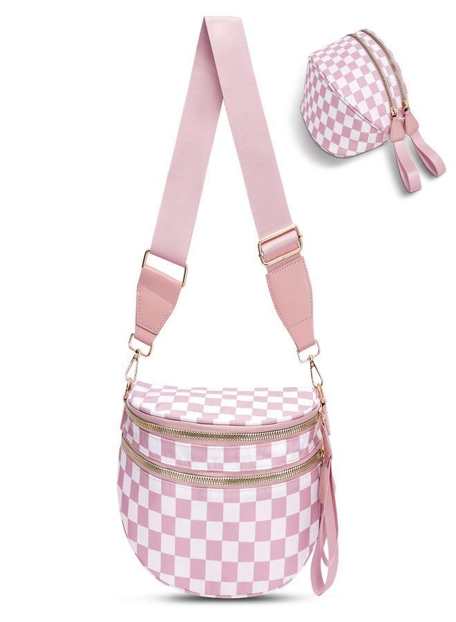 idoltimes Checkered Crossbody Bag,Nylon Bum Bags for Women Crossbody,Spacious Sling Bag Purse Fanny Packs with Shoulder Strap, Pinkwhite, Sport - Image 1