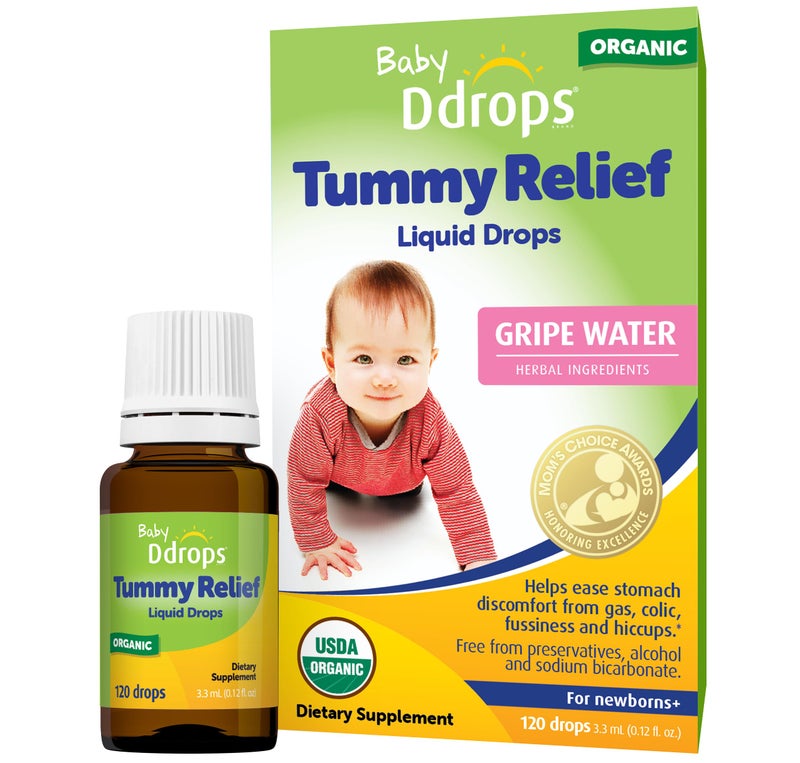 Ddrops Baby Tummy Relief Liquid Drops, Organic Gripe Water for Newborns, Relief from Gas, Colic, Fussiness and Hiccups, Just One Drop, Herbal Ingredients, 120 Drops - Image 1