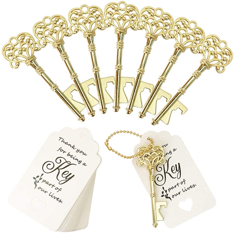 WODEGIFT 100 PCS Key Bottle Openers,Vintage Skeleton Key Bottle Opener,Wedding Favors Bottle Opener with Tag Cards and Key Chains(Gold) - Image 1
