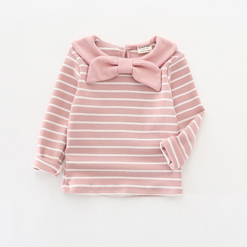 Spring Children'S Wear New Long-Sleeved Girls' T-Shirt Cotton Striped Top Baby Girl'S Bow Base Shirt - Image 4