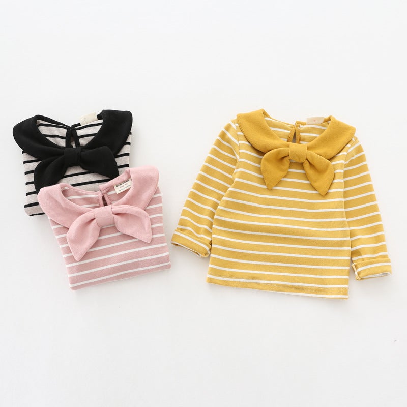 Spring Children'S Wear New Long-Sleeved Girls' T-Shirt Cotton Striped Top Baby Girl'S Bow Base Shirt - Image 3