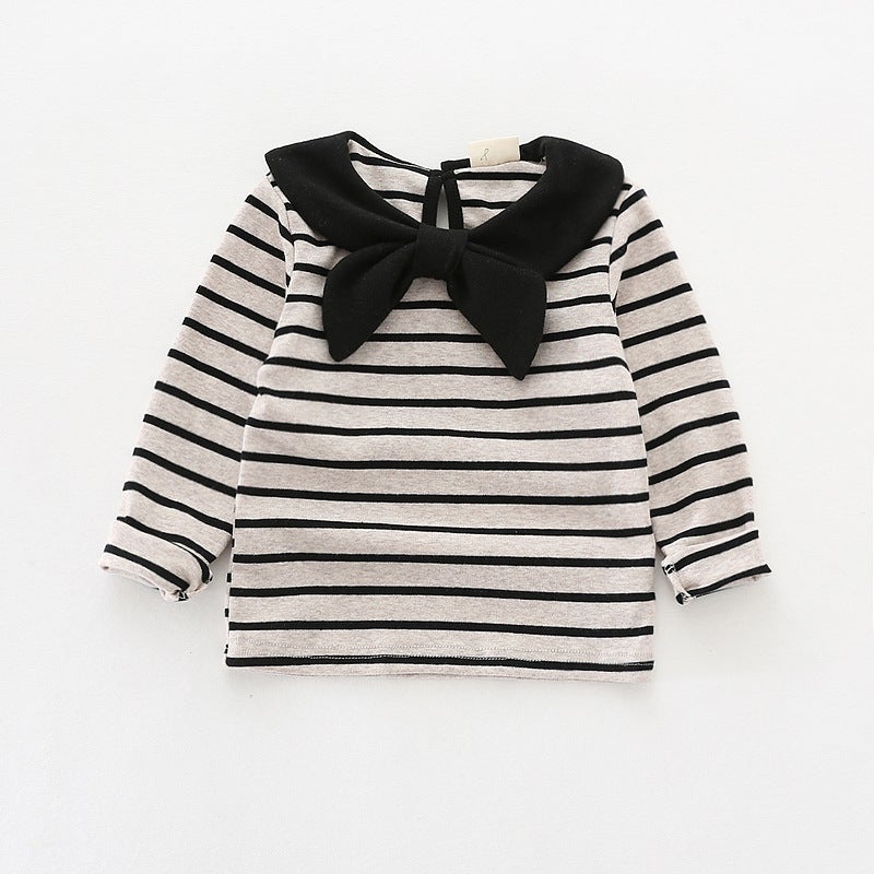 Spring Children'S Wear New Long-Sleeved Girls' T-Shirt Cotton Striped Top Baby Girl'S Bow Base Shirt - Image 5
