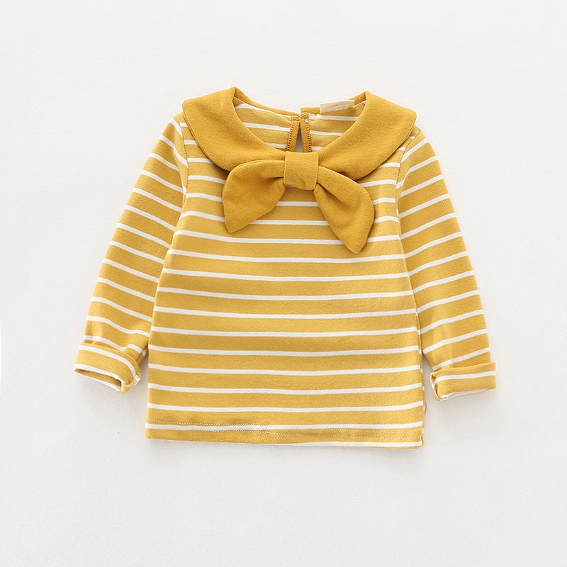 Spring Children'S Wear New Long-Sleeved Girls' T-Shirt Cotton Striped Top Baby Girl'S Bow Base Shirt - Image 1