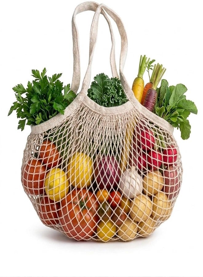 Dcluttr Stylish mesh tote bags for women - Pack of 2 bags | Large foldable reusable shopping bag for women | Breathable vegetable storage | Multipurpose use for travel & beach. - Image 1