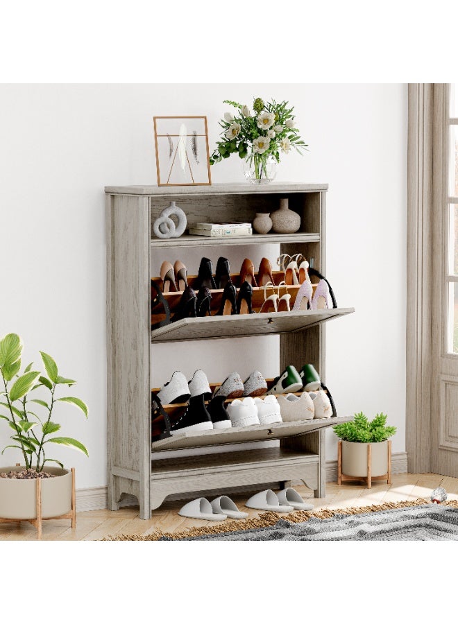 DOOHWAN Solid Wood Shoe Storage Cabinet for Entryway - Narrow Freestanding Shoe Organizer with 2 Flip-Up Drawers, Hallway Shoe Rack with Sturdy Wooden Legs for Foyer, Living Room - Image 1