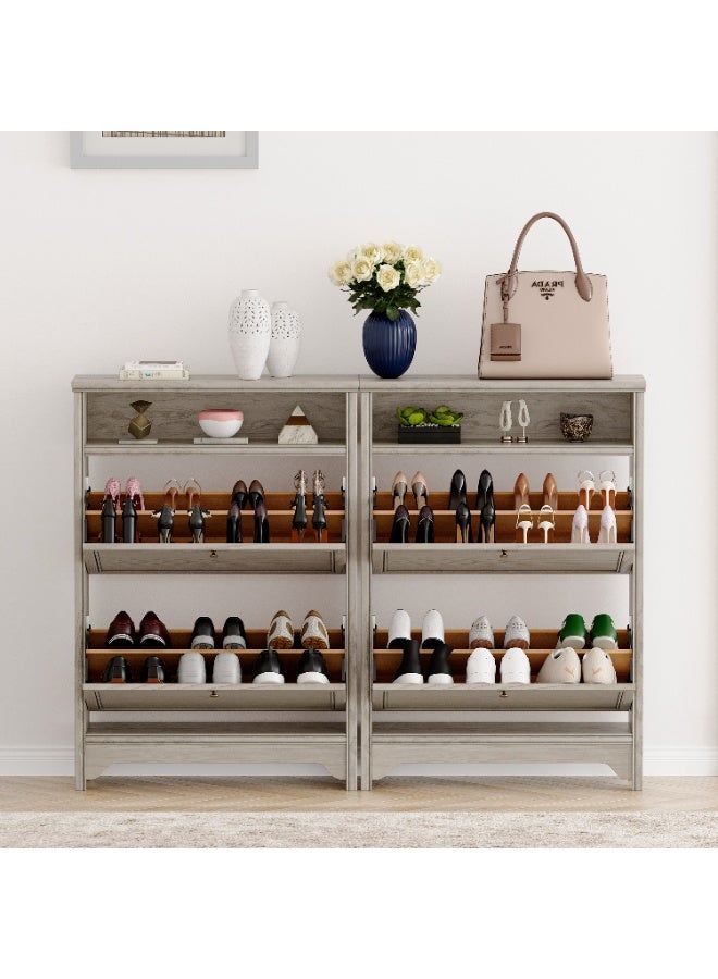 DOOHWAN Solid Wood Shoe Storage Cabinet for Entryway - Narrow Freestanding Shoe Organizer with 2 Flip-Up Drawers, Hallway Shoe Rack with Sturdy Wooden Legs for Foyer, Living Room - Image 3