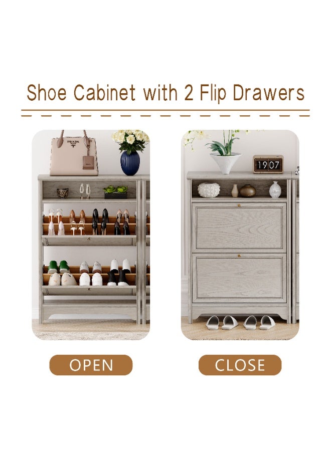 DOOHWAN Solid Wood Shoe Storage Cabinet for Entryway - Narrow Freestanding Shoe Organizer with 2 Flip-Up Drawers, Hallway Shoe Rack with Sturdy Wooden Legs for Foyer, Living Room - Image 4