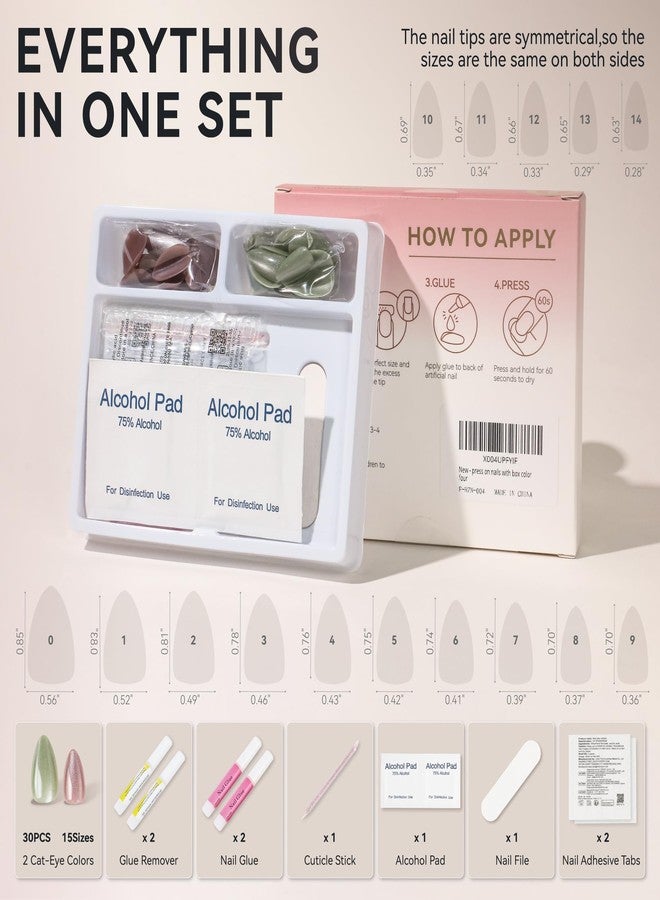 ELLEWIN 60 Pcs Cat Eye Press on Nails Kit - Almond, Sage Green & Muted Mauve, 15 Sizes Acrylic Glossy Full Cover False Nails with Glue, Remover, Tabs & File for Women - Image 5