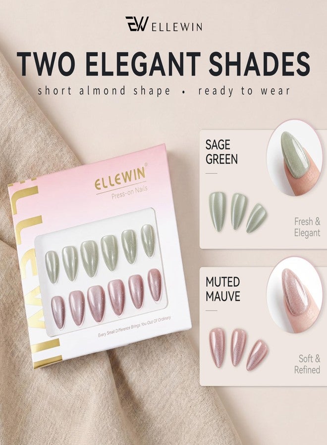 ELLEWIN 60 Pcs Cat Eye Press on Nails Kit - Almond, Sage Green & Muted Mauve, 15 Sizes Acrylic Glossy Full Cover False Nails with Glue, Remover, Tabs & File for Women - Image 2