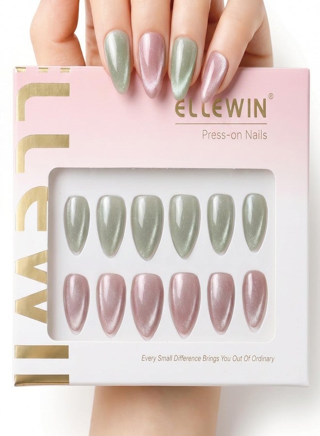 ELLEWIN 60 Pcs Cat Eye Press on Nails Kit - Almond, Sage Green & Muted Mauve, 15 Sizes Acrylic Glossy Full Cover False Nails with Glue, Remover, Tabs & File for Women - Image 1