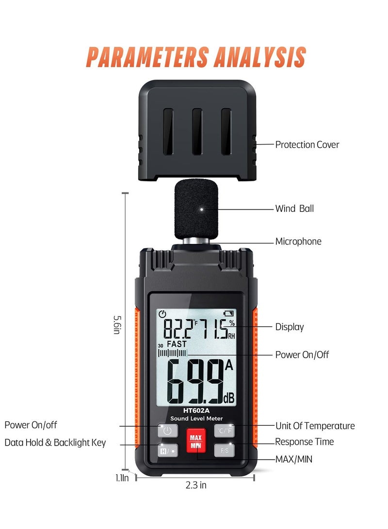 Protmex Sound Level Meter, 30-130dBA 30Hz-8KHz Decibel Meter with Large LCD Screen, Temperature and Humidity Measuring, A Weighting Mode, MAX/MIN, Fast/Slow, Data Hold, Backlight, Auto-Off Functions