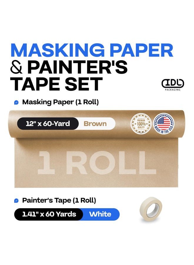 IDL Packaging Masking Paper and Tape Set – 12" x 60 Yards Brown Masking Paper (1 Roll) and 1.41" x 60 Yards White Tape (1 Roll) – Masking Kit for Painting Projects – Surface Protection - Image 2