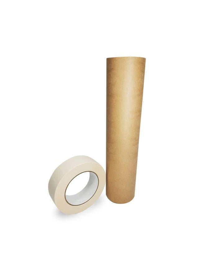 IDL Packaging Masking Paper and Tape Set – 12" x 60 Yards Brown Masking Paper (1 Roll) and 1.41" x 60 Yards White Tape (1 Roll) – Masking Kit for Painting Projects – Surface Protection - Image 1