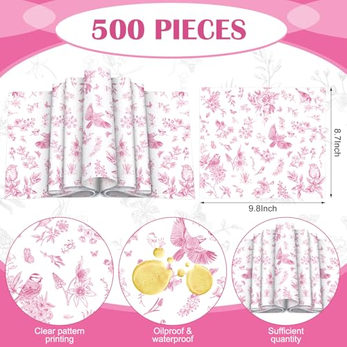 Feifeiya 500 Pcs Floral Wax Paper Sheet for Food Chinoiserie Bird Deli Paper Waterproof Sandwich Wrapping Greaseproof Food Basket Liners for Picnic Party Kitchen Supply 98 x 87inch FloralPink - Image 5