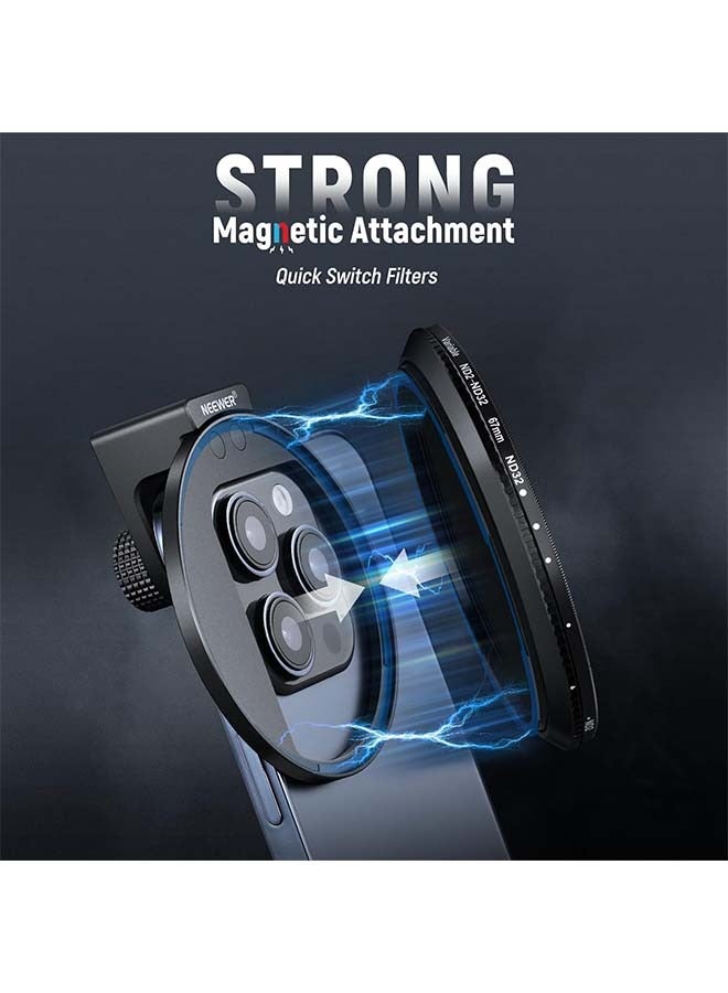 Neewer NEEWER 67mm Clip On Variable ND2-ND32 Phone Lens Filter Kit, Phone Clip with Magnetic Adapter Ring/Cold Shoe/Locking Knob, HD Magnetic ND Filter for iPhone 15 Pro Max 14 13 Galaxy S22 S23 S24 Ultra  - Image 5