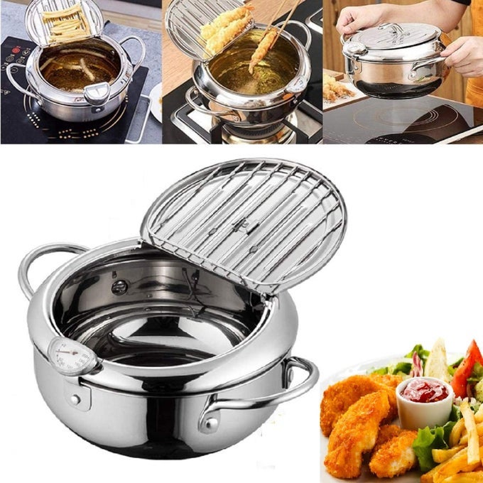 DEEP FRYING PANTEMPERATURE CONTROL FRYERTEMPURA FRYER POTJAPANESE STYLE TEMPURA DEEP FRYER WITH THERMOMETERLID AND OIL DRIP RACKNONSTICK FRYER POT FOR KITCHEN COOKING 20CM304