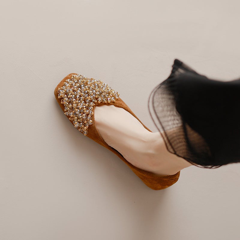 Women's Fleece-Lined Square Toe Faux Suede Slingback Shoes with Hidden Heel, Handcrafted - Image 1