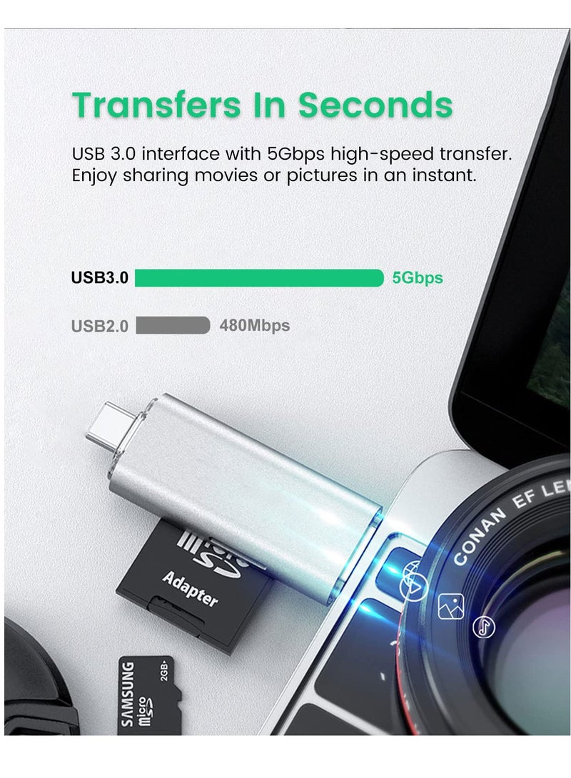 SOLARAE Micro SD Card Reader, USB 3.0 USB-C Memory Card Reader, Aluminum Multi 2-in-1 External SD Card Adapter for Phone Camera PC Laptop Table, Support TF/SD/Micro/SD/SDXC/SDHC/MMC/RS-MMC/UHS-I - Image 3