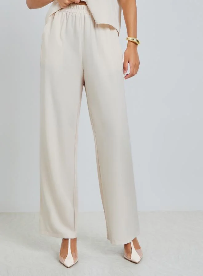 Styli  Beige Short Sleeve Shirt and Wide Leg Pants Set for Women | Best Price UAE
