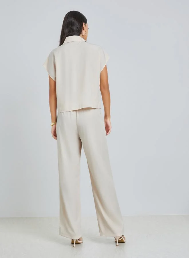 Styli  Beige Short Sleeve Shirt and Wide Leg Pants Set for Women | Best Price UAE