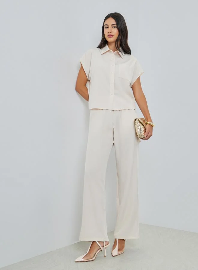 Styli  Beige Short Sleeve Shirt and Wide Leg Pants Set for Women | Best Price UAE