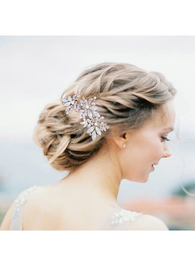 Foyte Crystal Wedding Hair Comb Leaf Bride Headpiece Silver Rhinestone Opal Hair Piece Bridal Side Hair Accessories for Women - Image 3