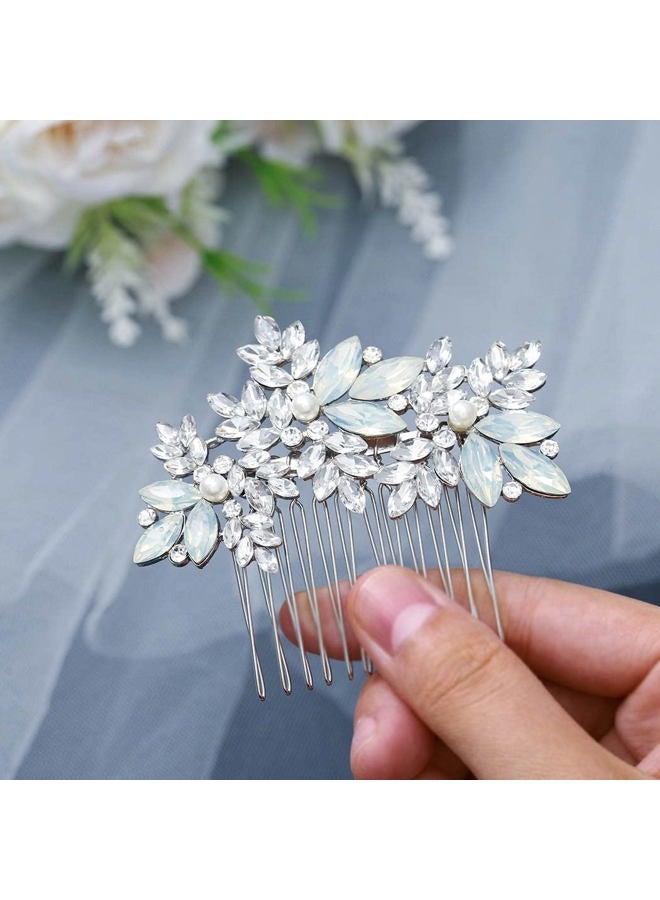 Foyte Crystal Wedding Hair Comb Leaf Bride Headpiece Silver Rhinestone Opal Hair Piece Bridal Side Hair Accessories for Women - Image 1