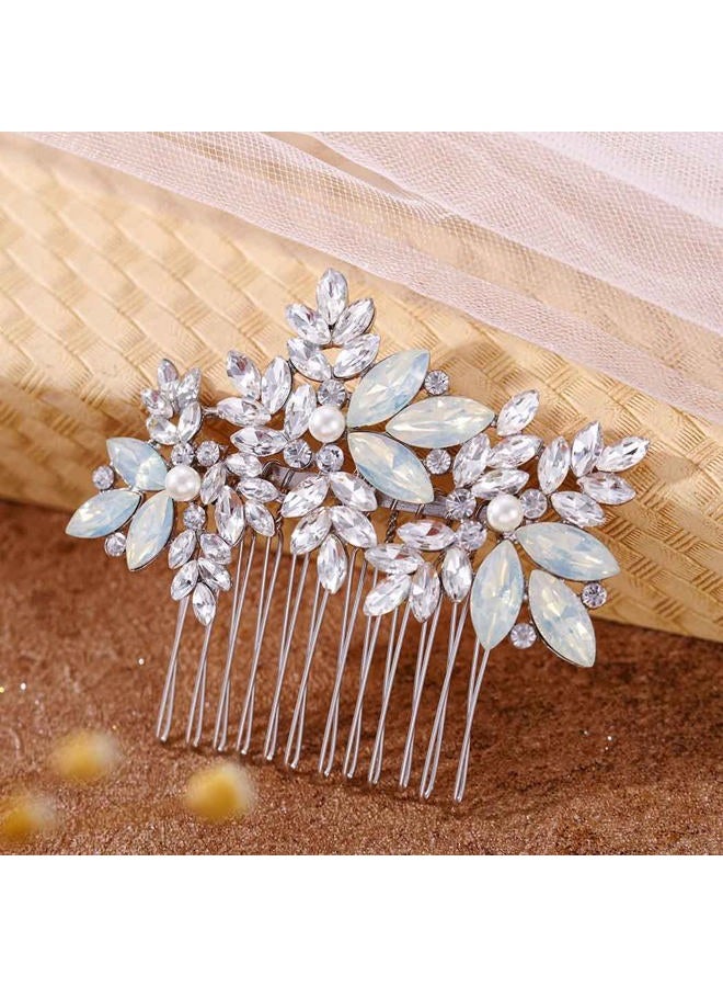 Foyte Crystal Wedding Hair Comb Leaf Bride Headpiece Silver Rhinestone Opal Hair Piece Bridal Side Hair Accessories for Women - Image 4