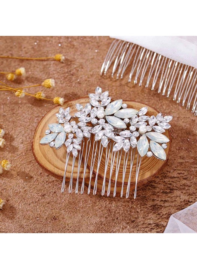 Foyte Crystal Wedding Hair Comb Leaf Bride Headpiece Silver Rhinestone Opal Hair Piece Bridal Side Hair Accessories for Women - Image 2