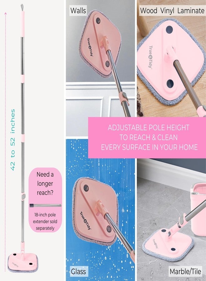 True & Tidy ممسحة دوارة مربعة ودلو ممسحة ذكية مع أقسام منفصلة للماء النظيف والوسخ، نسخة مطورة 2025 مع فرشاة جانبية ومقبض قائم ذاتيًا، وردي - Image 4