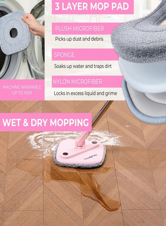 True & Tidy ممسحة دوارة مربعة ودلو ممسحة ذكية مع أقسام منفصلة للماء النظيف والوسخ، نسخة مطورة 2025 مع فرشاة جانبية ومقبض قائم ذاتيًا، وردي - Image 3
