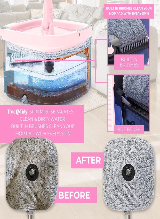 True & Tidy ممسحة دوارة مربعة ودلو ممسحة ذكية مع أقسام منفصلة للماء النظيف والوسخ، نسخة مطورة 2025 مع فرشاة جانبية ومقبض قائم ذاتيًا، وردي - Image 2