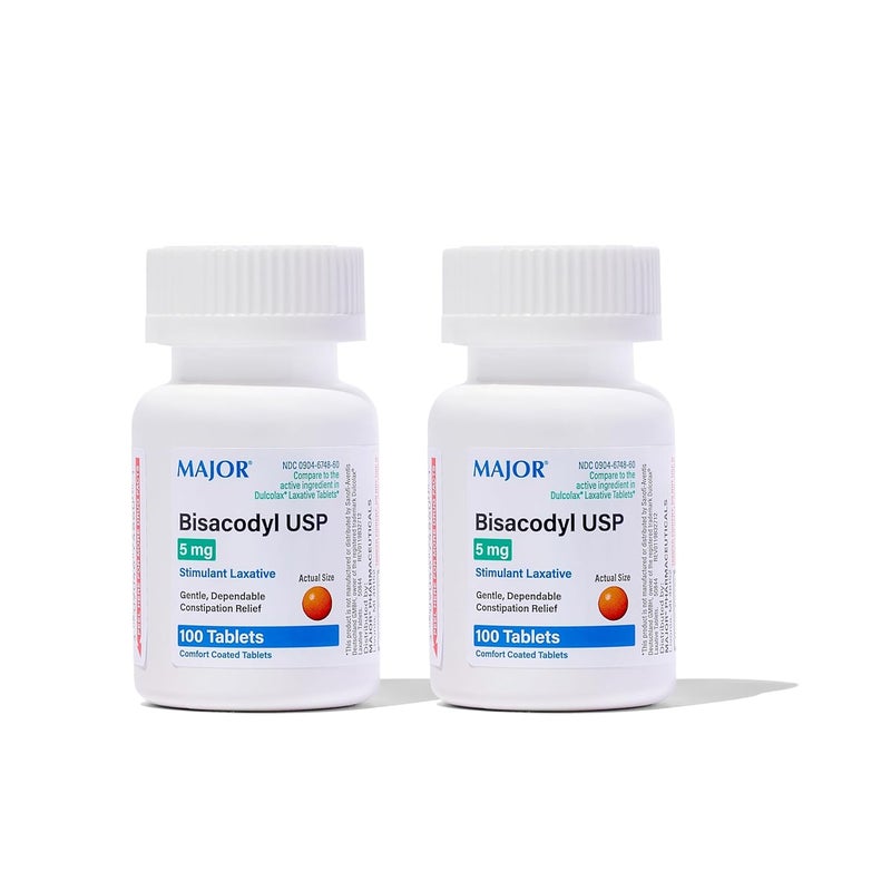 Major Bisacodyl Enteric Coated Tablets 5mg 100 Count Per Bottle 2 Pack
