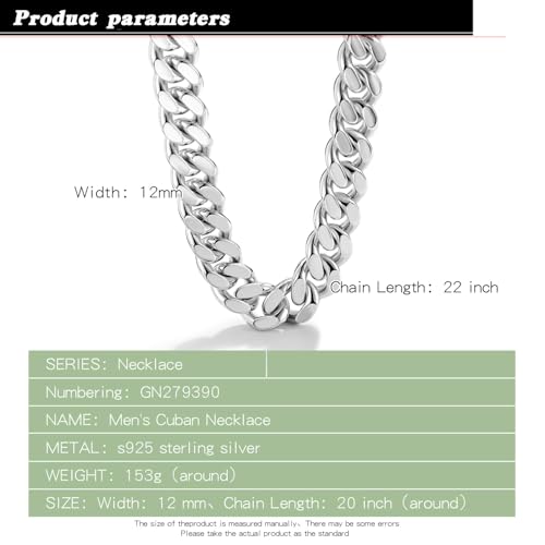 Dankadi Men Italian 925 Sterling Silver Necklace 8-10-12MM Solid Miami Cuban Link Chain 18 "20" 22 "24" 26" 28 "30 "Man Women Jewelry Gift (24 inch, 12MM Silver Smooth) - Image 3
